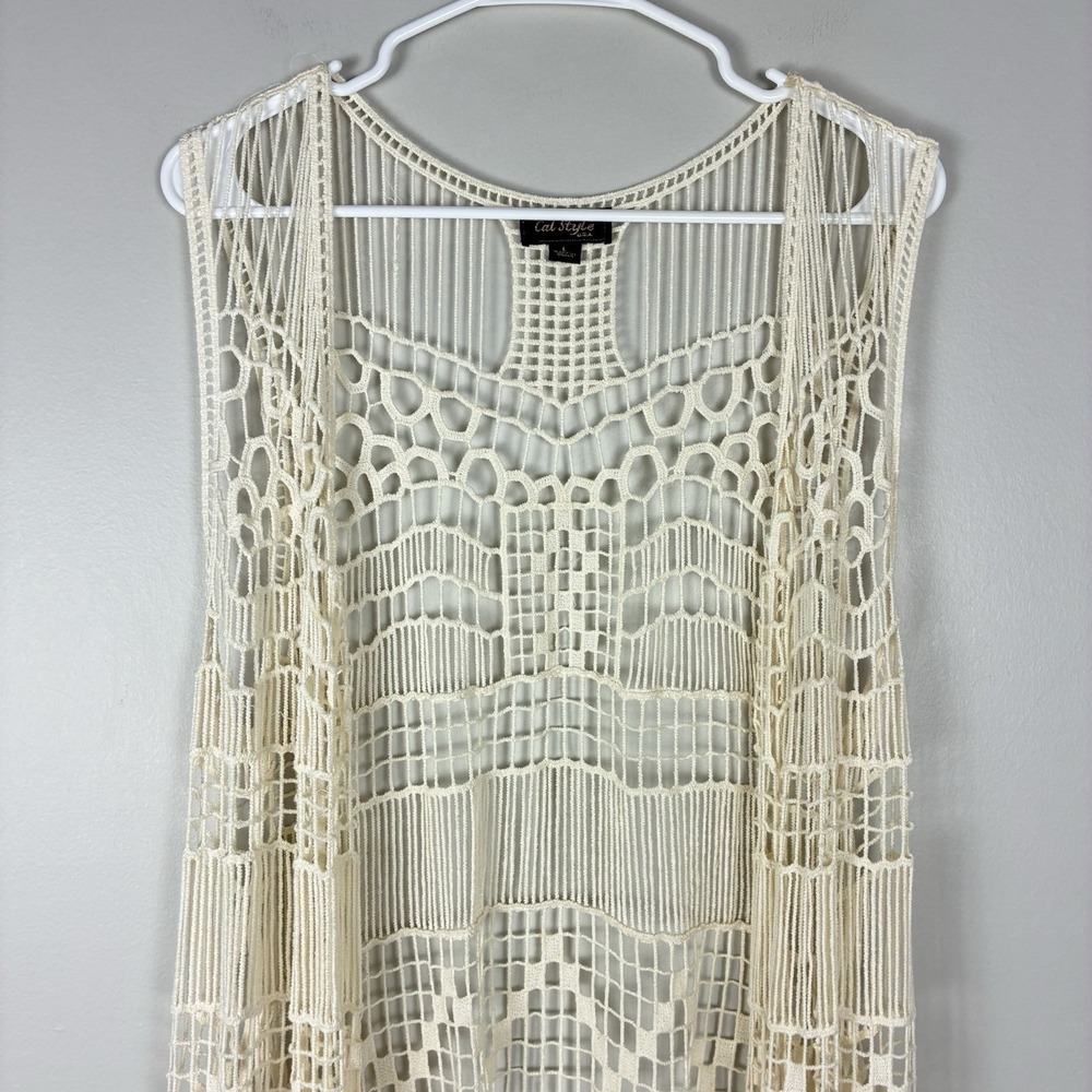 Womens Crochet Fringe Duster Vest Sz L Cowgirl Boho Western Hippie Festival - Picture 2 of 7